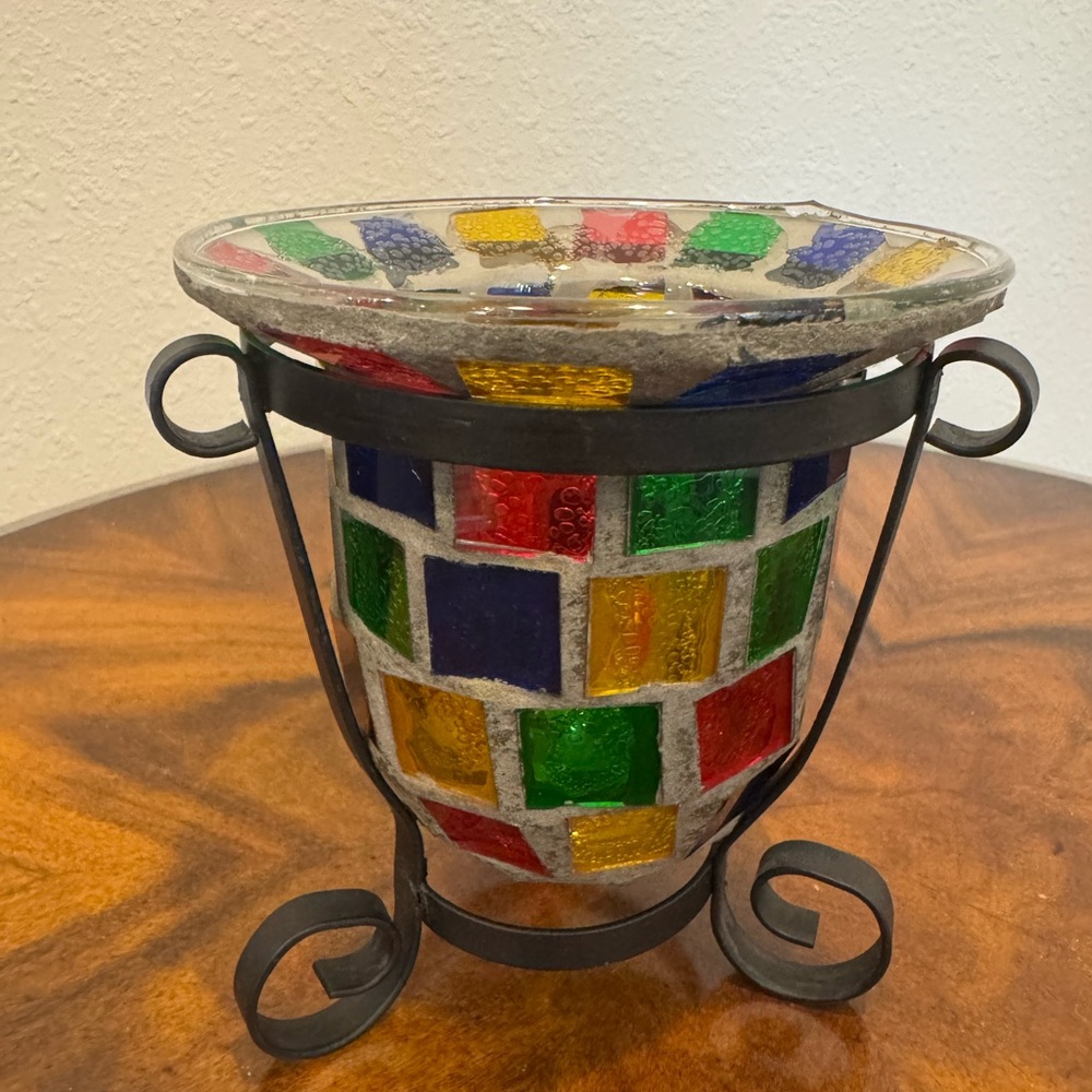 Stained Glass Mosaic Candle Holder With Iron Stand 1970’s Era - Picture 7 of 8